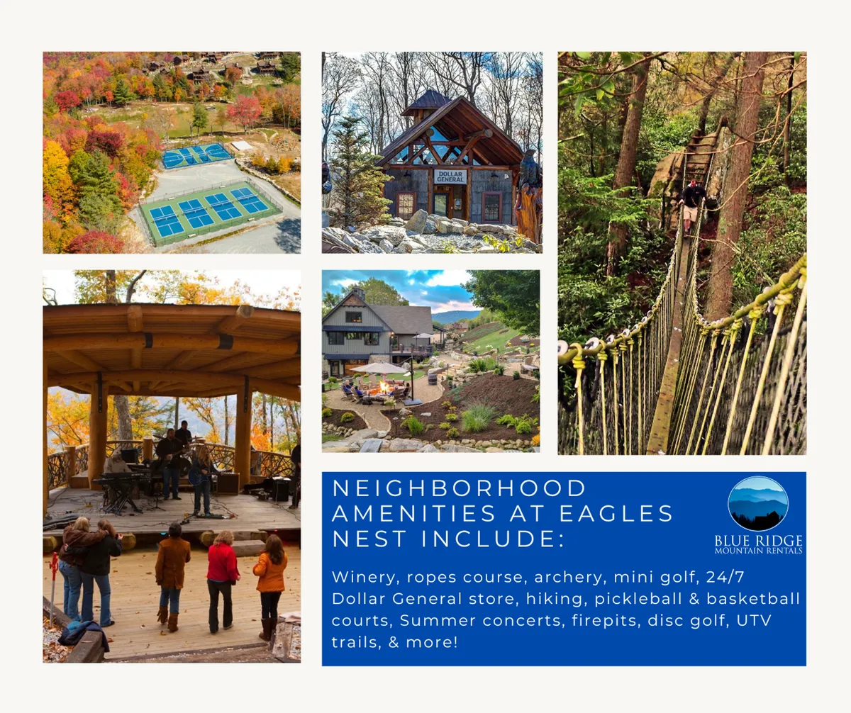 A vibrant scene of resort amenities, showcasing swimming pools, a clubhouse, a rope course, a stage for summer concerts, and walking trails. The image captures people engaging in activities like hiking, enjoying concerts, playing mini golf, and relaxing by firepits.